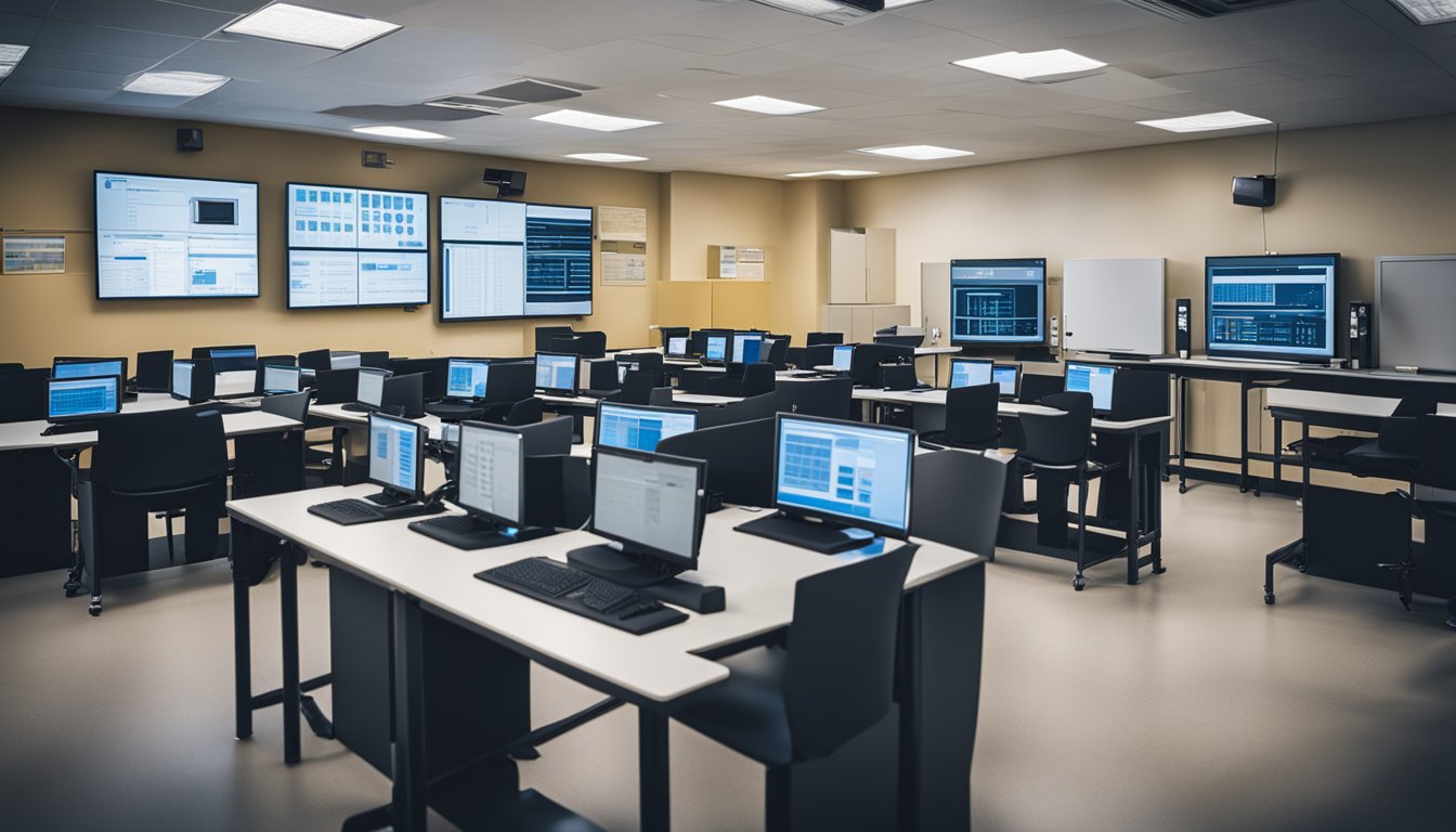 A classroom setting with computer screens displaying specialized refrigeration training online. Various refrigeration equipment and tools are shown in the background