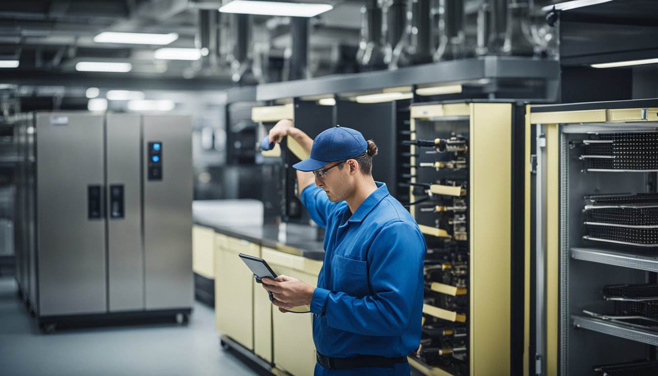 A technician adjusts refrigeration equipment while following an online troubleshooting and maintenance training program