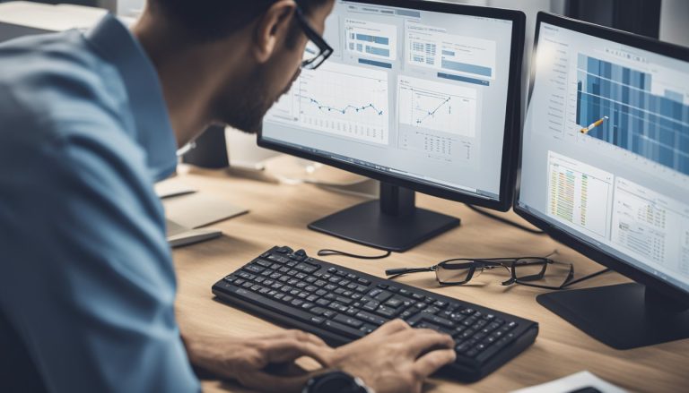 A person completing online refrigeration training, surrounded by computer, tools, and diagrams, showing progress and skill development