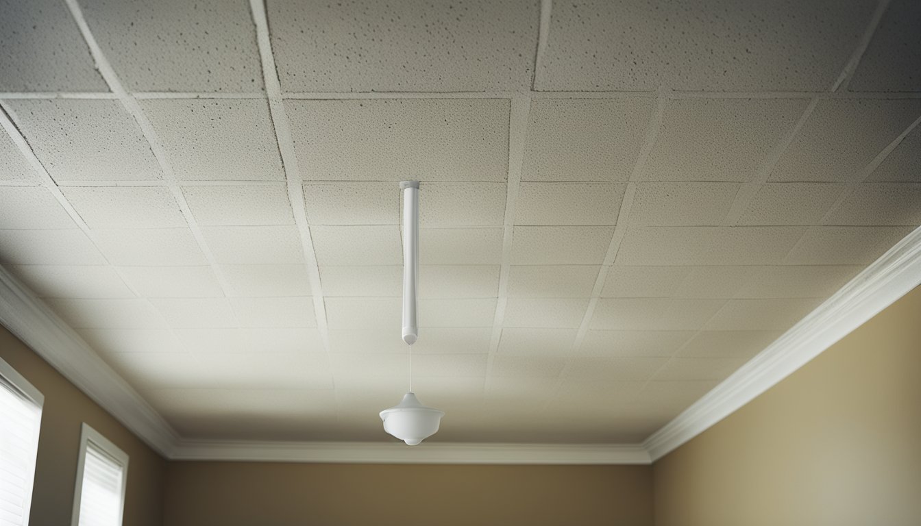 A room with a popcorn ceiling, showing signs of wear and damage, with visible dust and debris