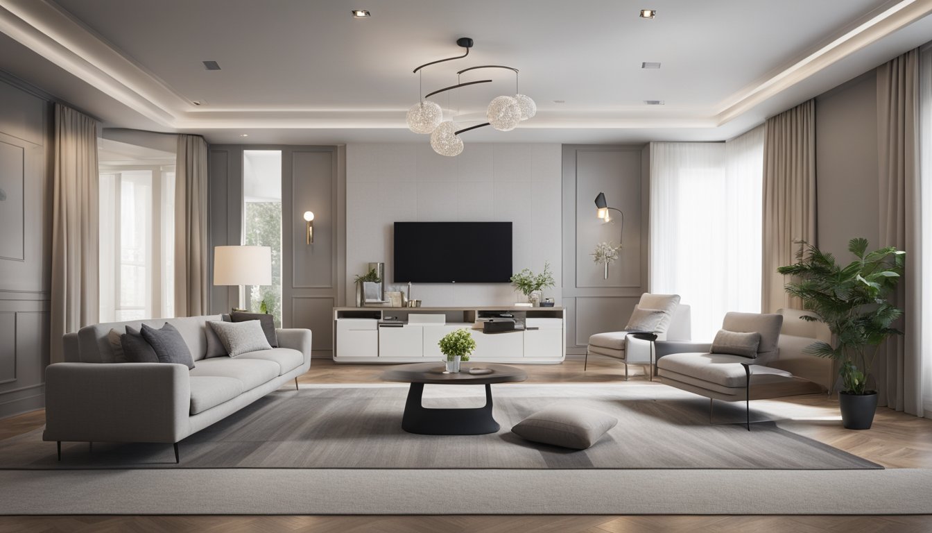 A modern living room with sleek furniture and clean lines. Popcorn ceiling being removed, revealing smooth, updated surface