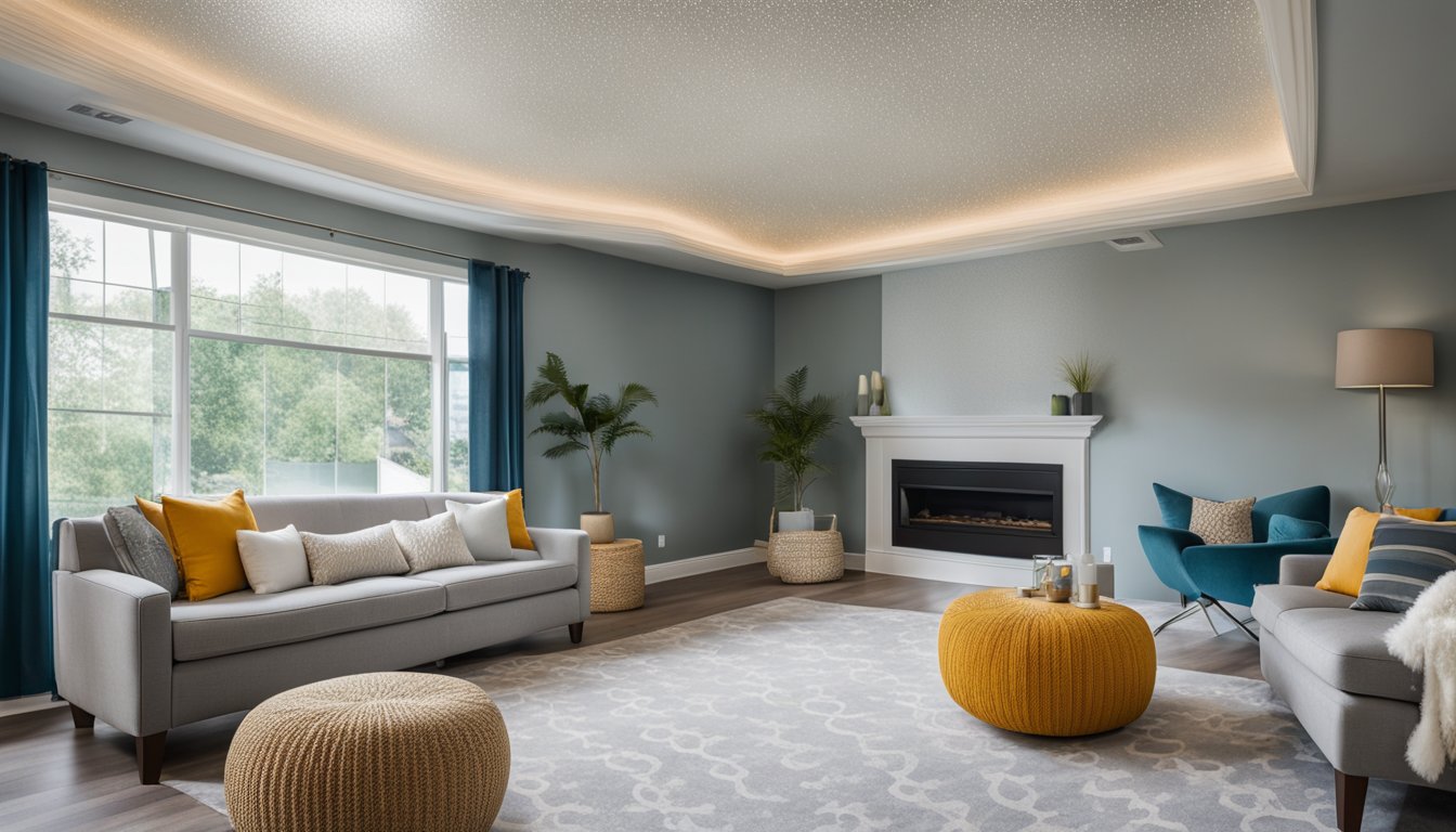 A living room with popcorn ceiling being scraped off, revealing smooth surface. Bright, modern decor and natural light enhance the updated home appeal