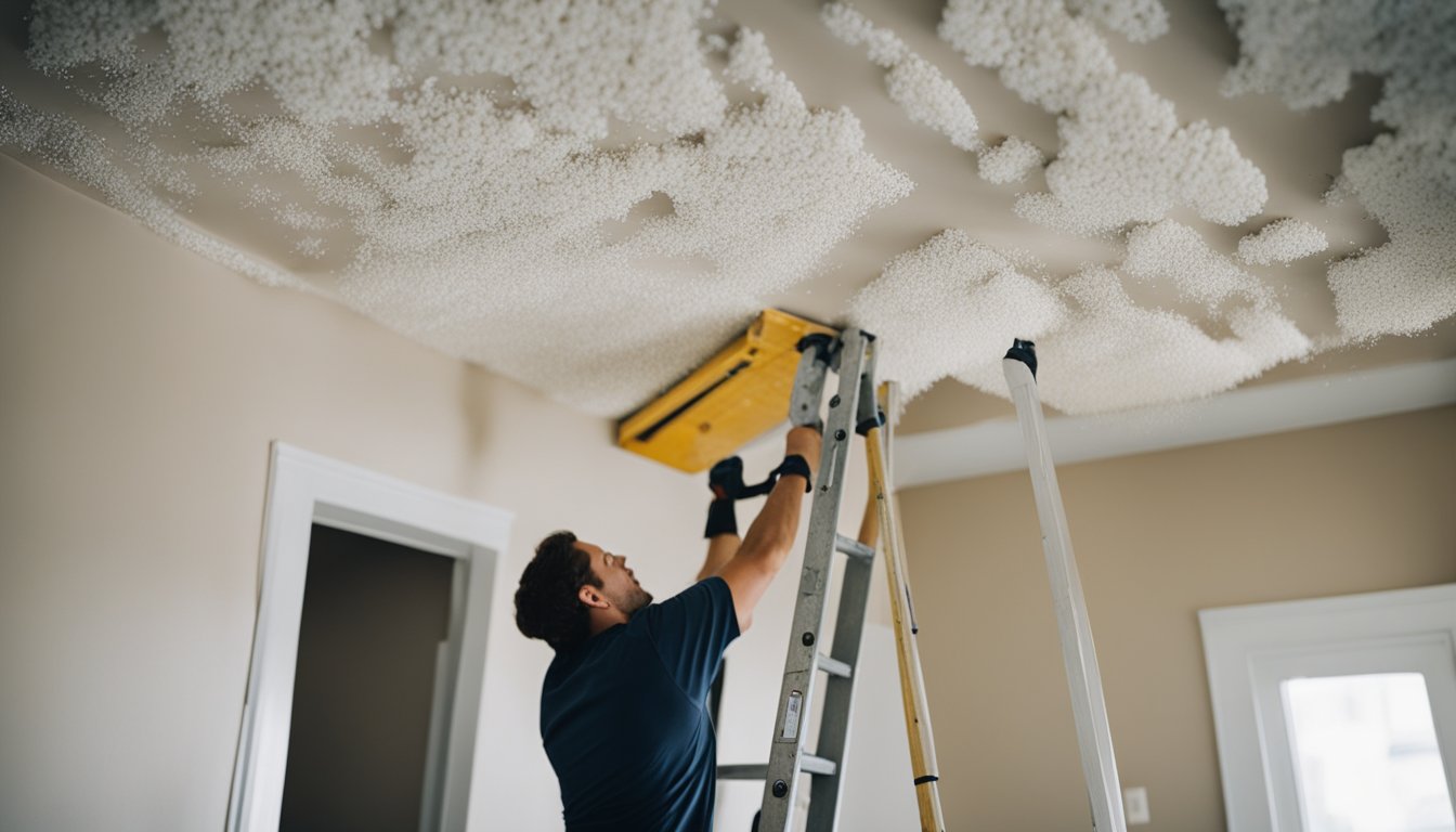 A person using a ladder to scrape off a popcorn ceiling, with debris and tools scattered around