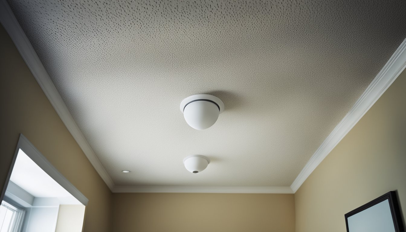 A room with a popcorn ceiling showing signs of wear and damage, with visible dust and debris collecting in the textured surface