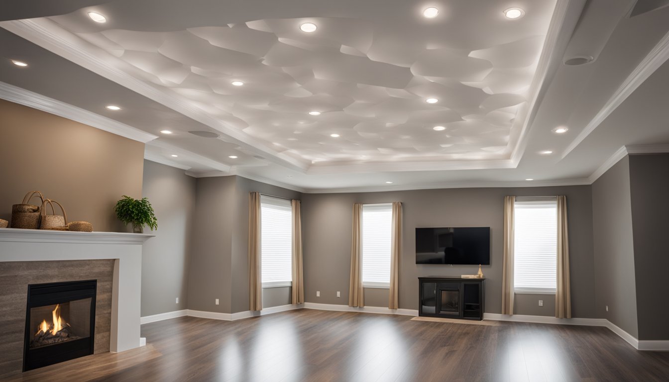 A modern living room with a popcorn ceiling being removed, revealing a smooth, updated surface. Light fixtures and furniture enhance the space