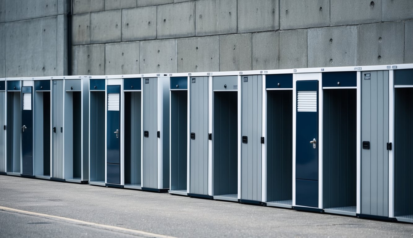 A row of storage units, varying in size, stacked against a concrete wall. Each unit has a metal door and a lock