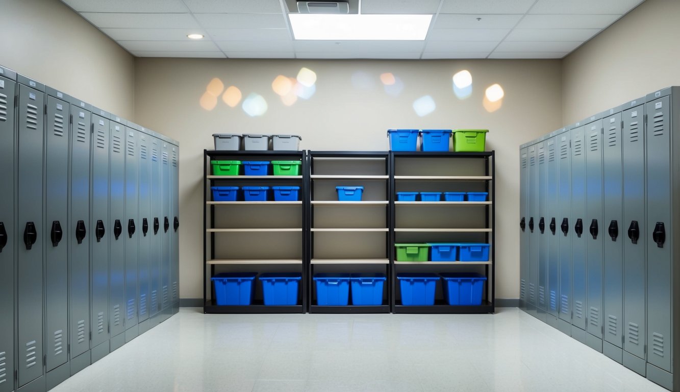 Various storage units including lockers, shelves, and bins arranged in a clean and organized manner