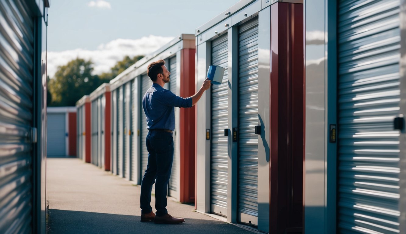 A person standing in front of rows of storage units, examining different sizes and features