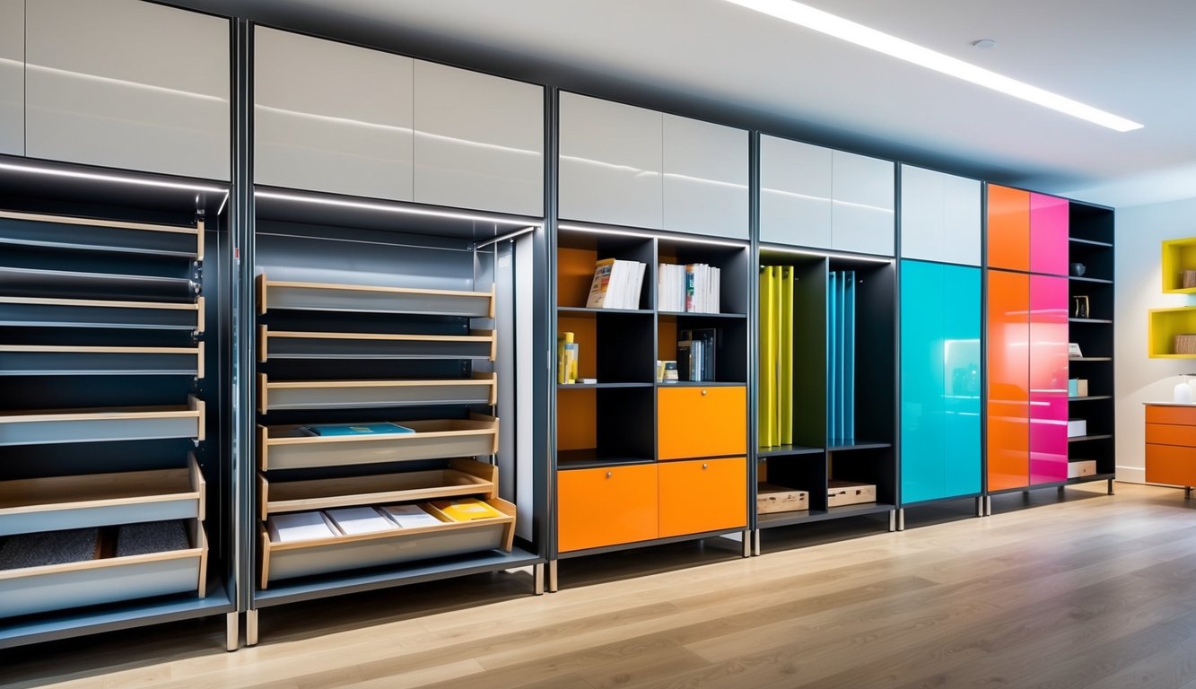 A sleek, modern storage unit with clean lines and compartments for various design materials. Bright, vibrant colors and a mix of metal and wood materials create a visually appealing display