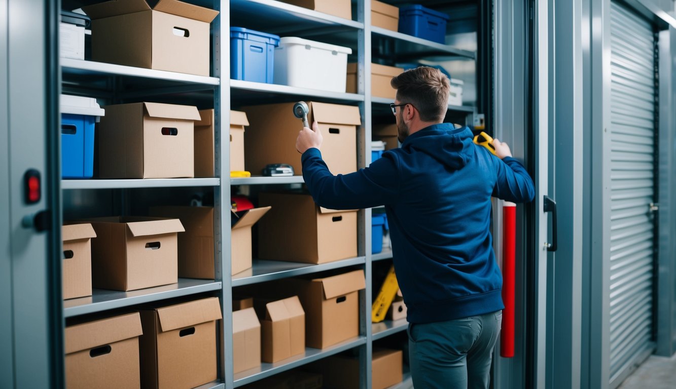 A person unlocking and opening a storage unit filled with various boxes and items