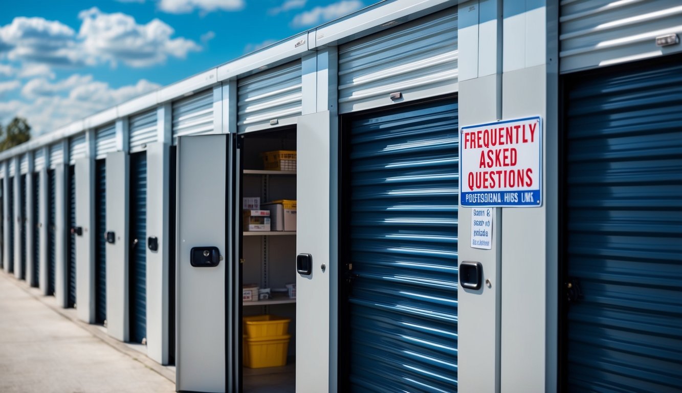 A row of storage units with open doors and neatly organized shelves inside. A sign with "Frequently Asked Questions" displayed prominently
