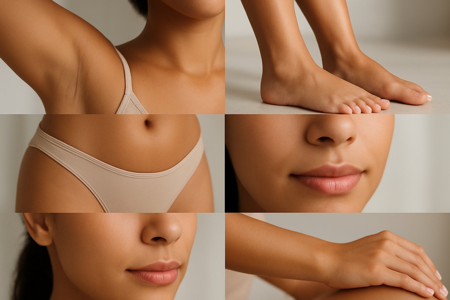 Close-up of a person's underarms and five other body areas with smooth, hair-free skin.