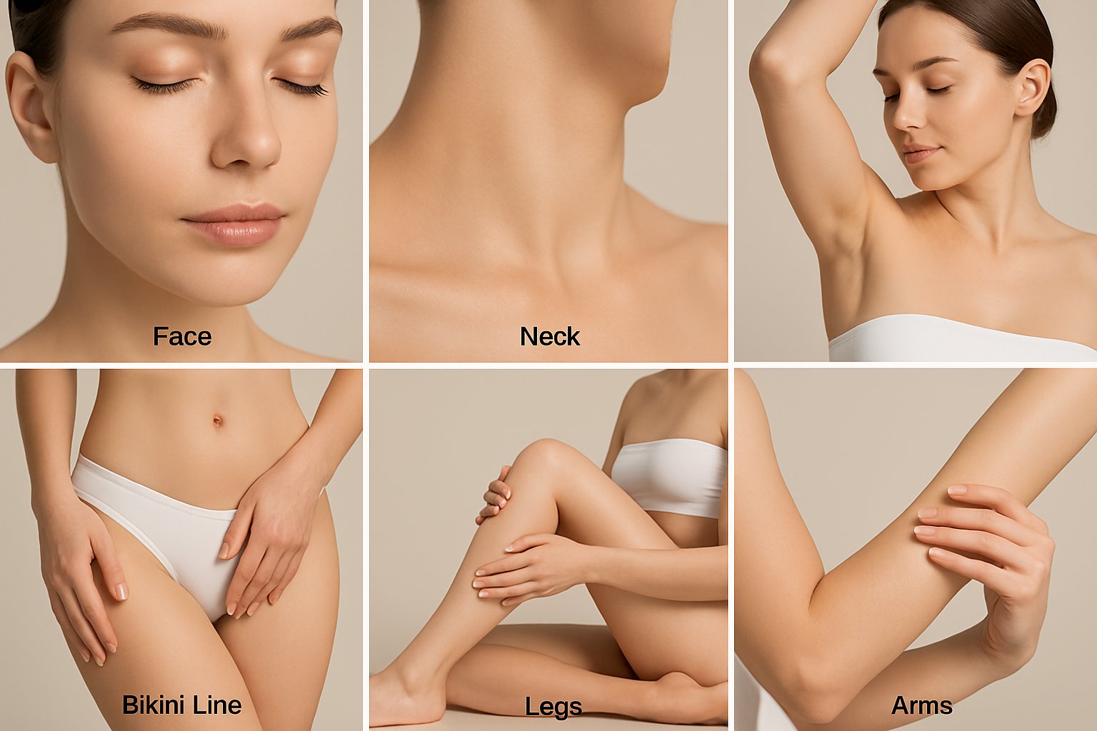 A close-up view of a model showing six body areas for laser hair removal: face including upper lip and chin, neck, underarms, bikini line, legs, and arms.
