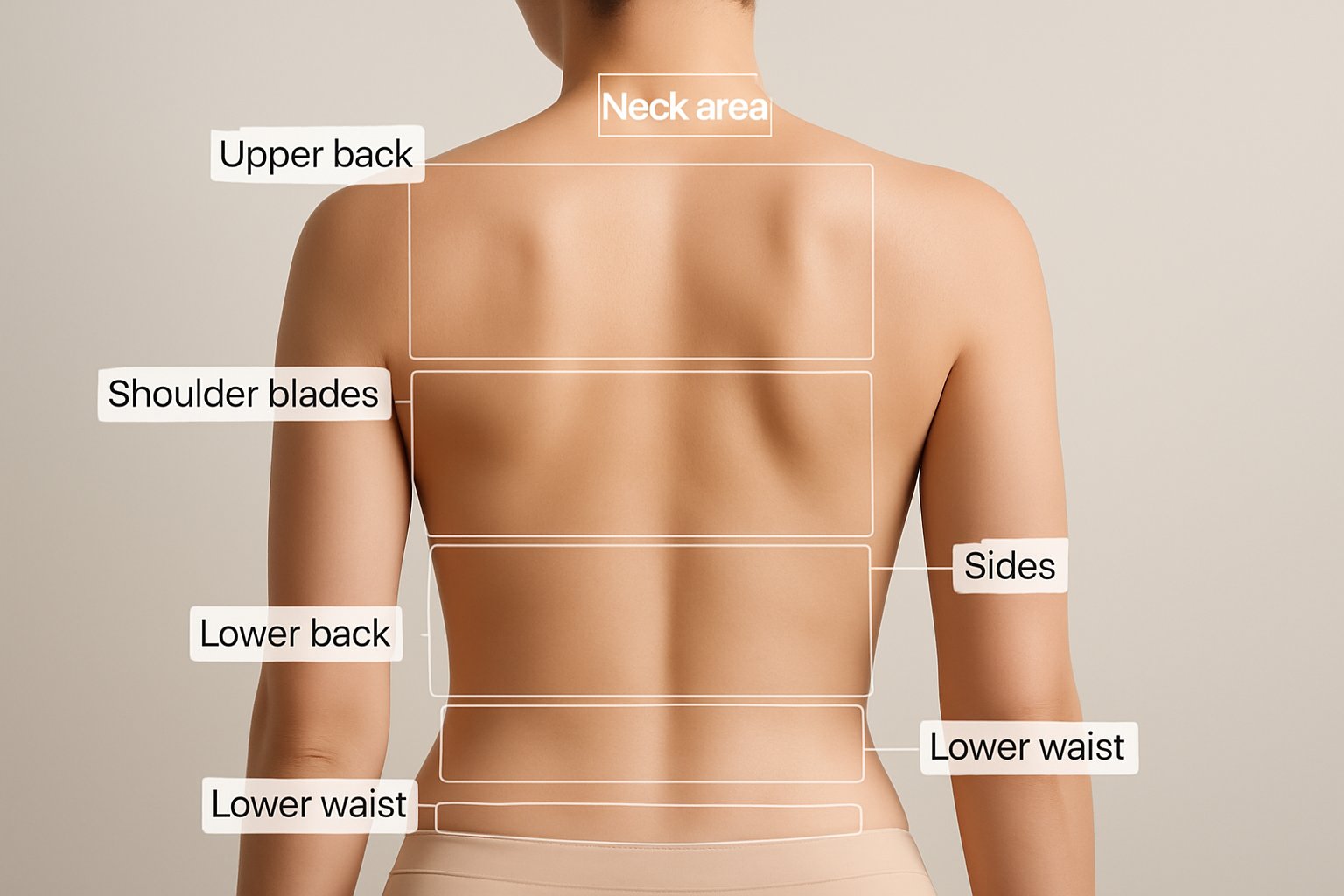 Back view of a person showing six key areas on the back commonly treated with laser hair removal.