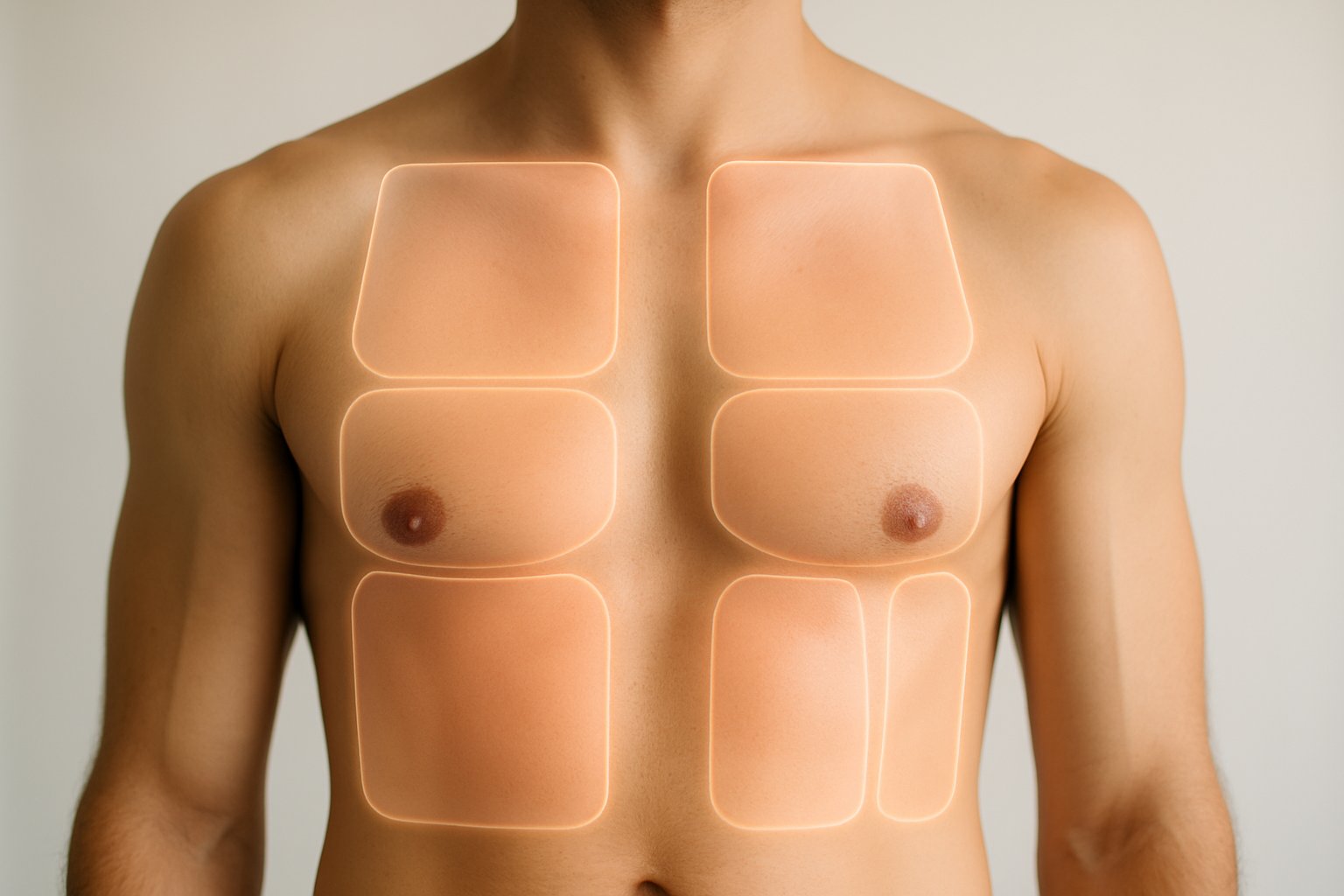 Close-up of a male chest and upper torso with six highlighted areas indicating common zones for laser hair removal.