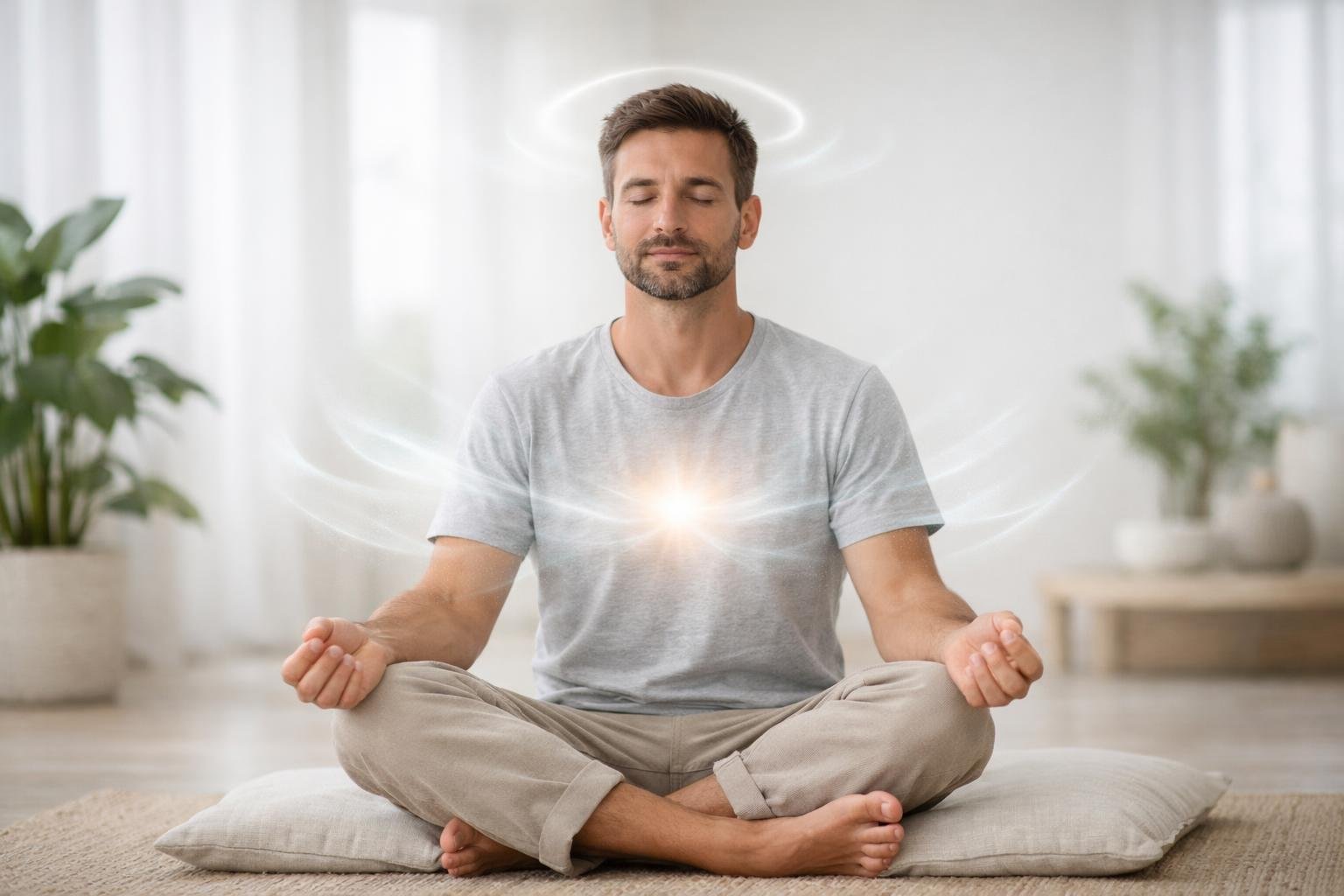 A man sitting cross-legged with eyes closed in a bright room, practicing deep breathing meditation surrounded by soft natural light.
