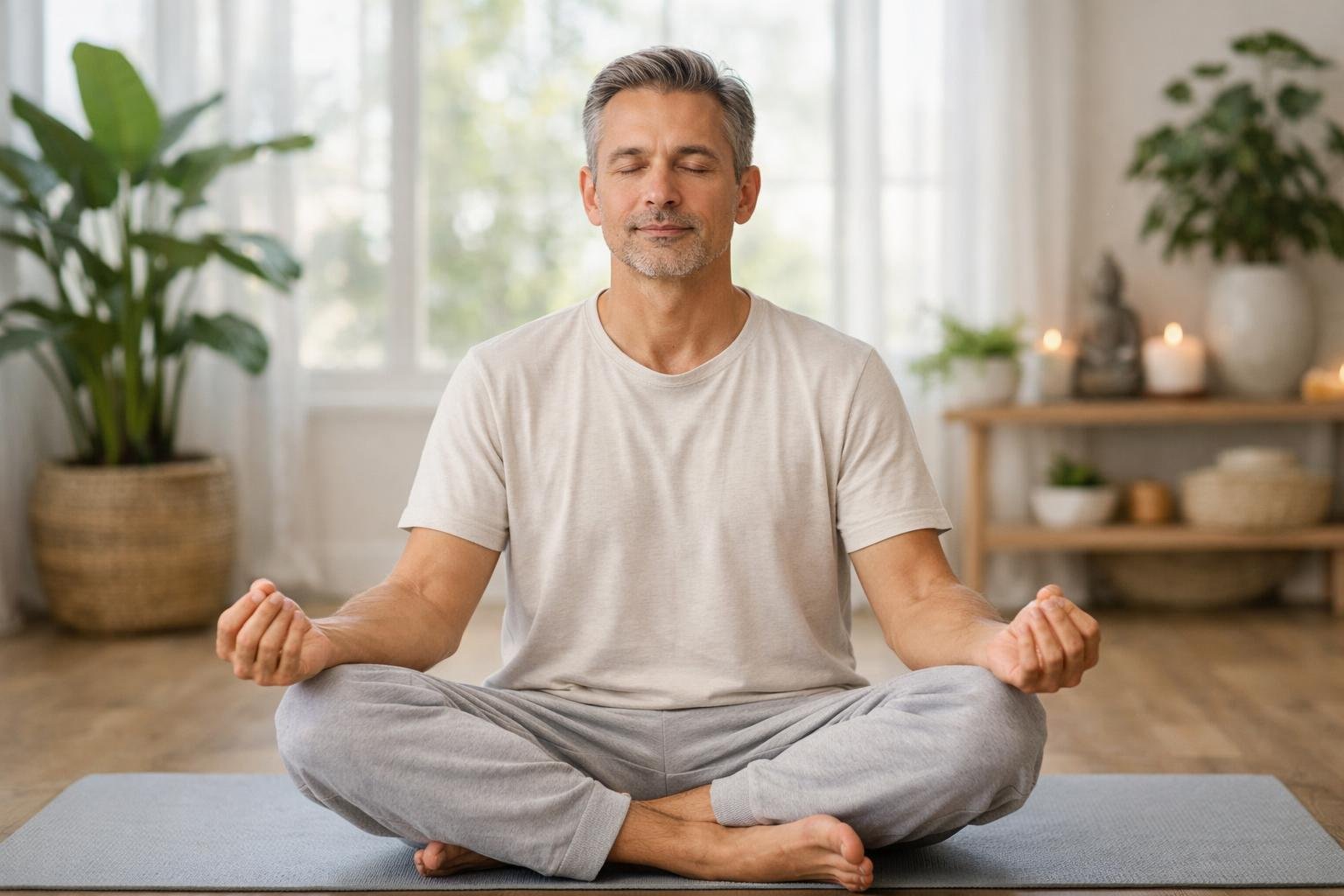 A man sitting cross-legged on a yoga mat with eyes closed, practicing breathwork in a bright room with plants.