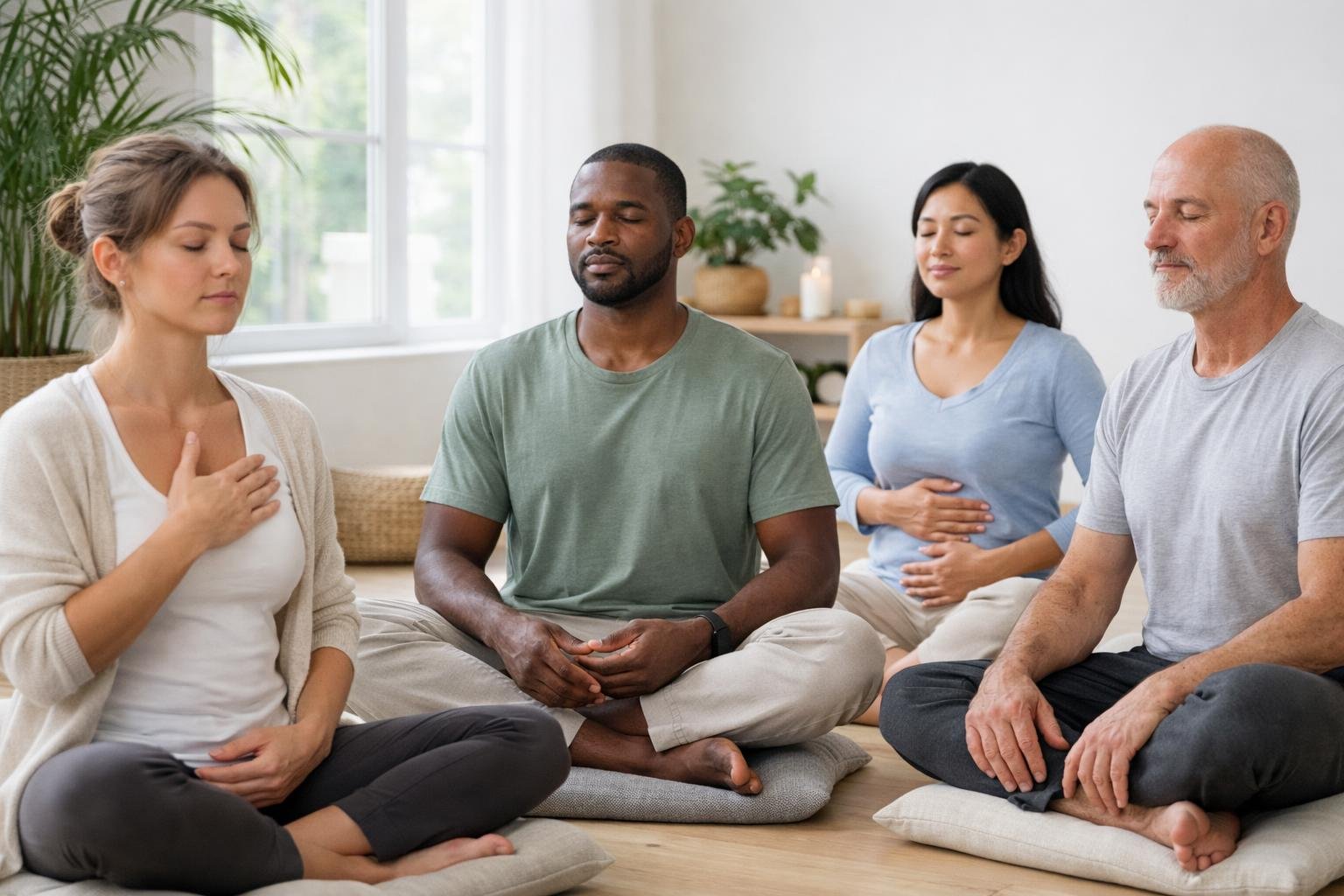 A group of people sitting calmly in a bright room practicing breathwork exercises with eyes closed, surrounded by plants and natural light.