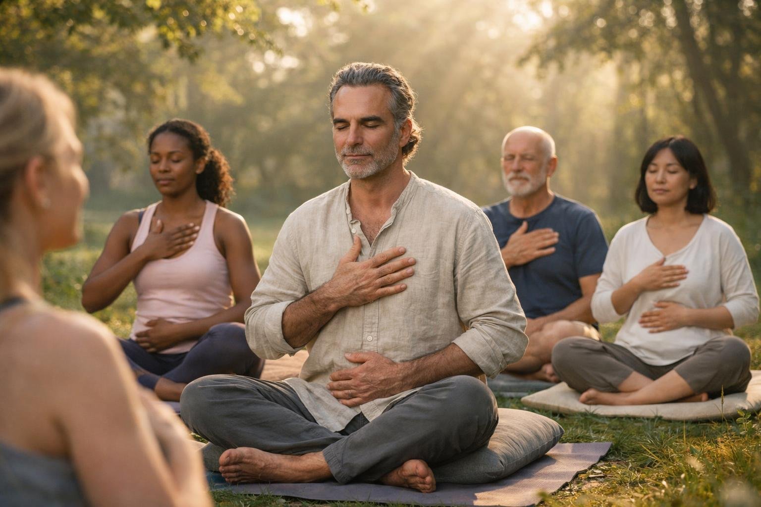 A group of people sitting outdoors in a park, practicing deep breathing exercises with eyes closed and peaceful expressions.