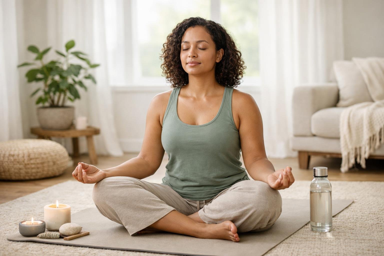 A woman sitting cross-legged on a yoga mat with eyes closed, practicing breathwork meditation in a bright living room.