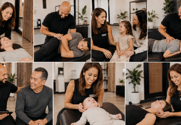Collage showing a chiropractor providing care to patients of different ages