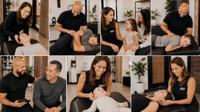 Collage showing a chiropractor providing care to patients of different ages
