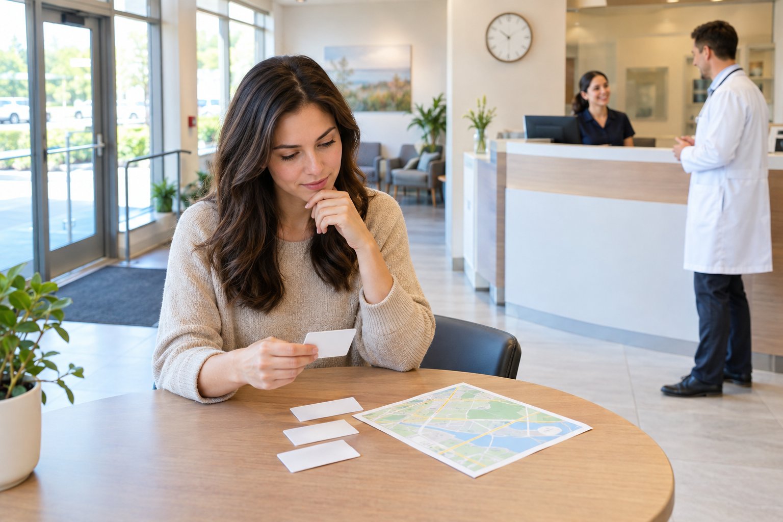 A patient reviews clinic information at a chiropractic office while staff are nearby.