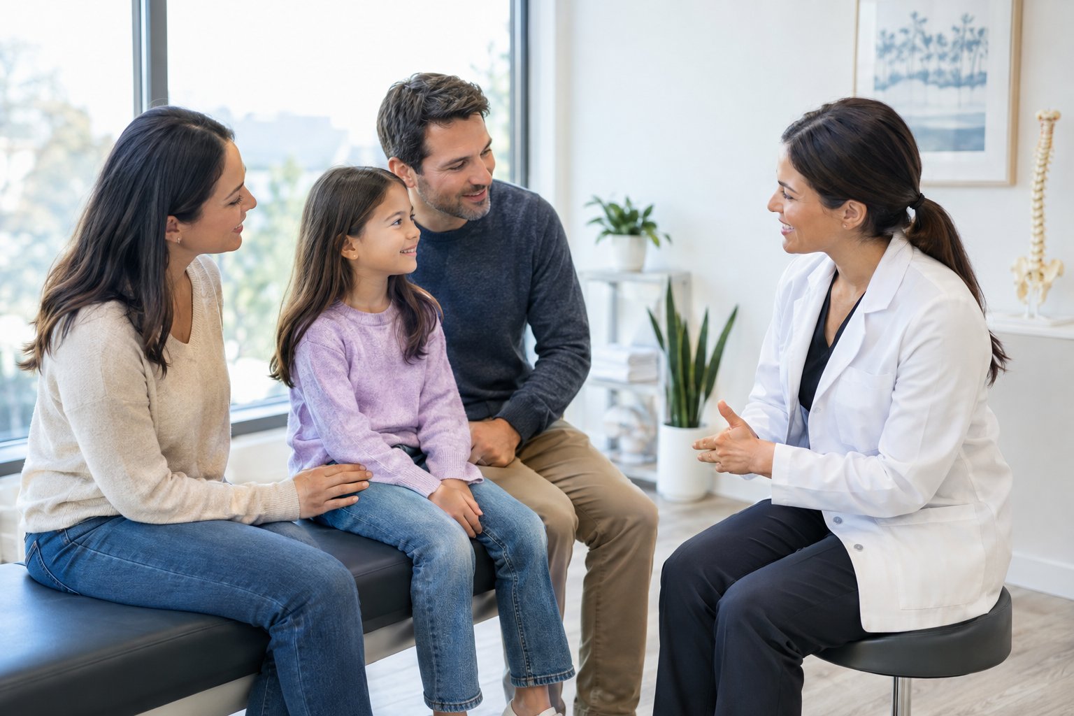 A chiropractor talks with parents and their child in a clinic.